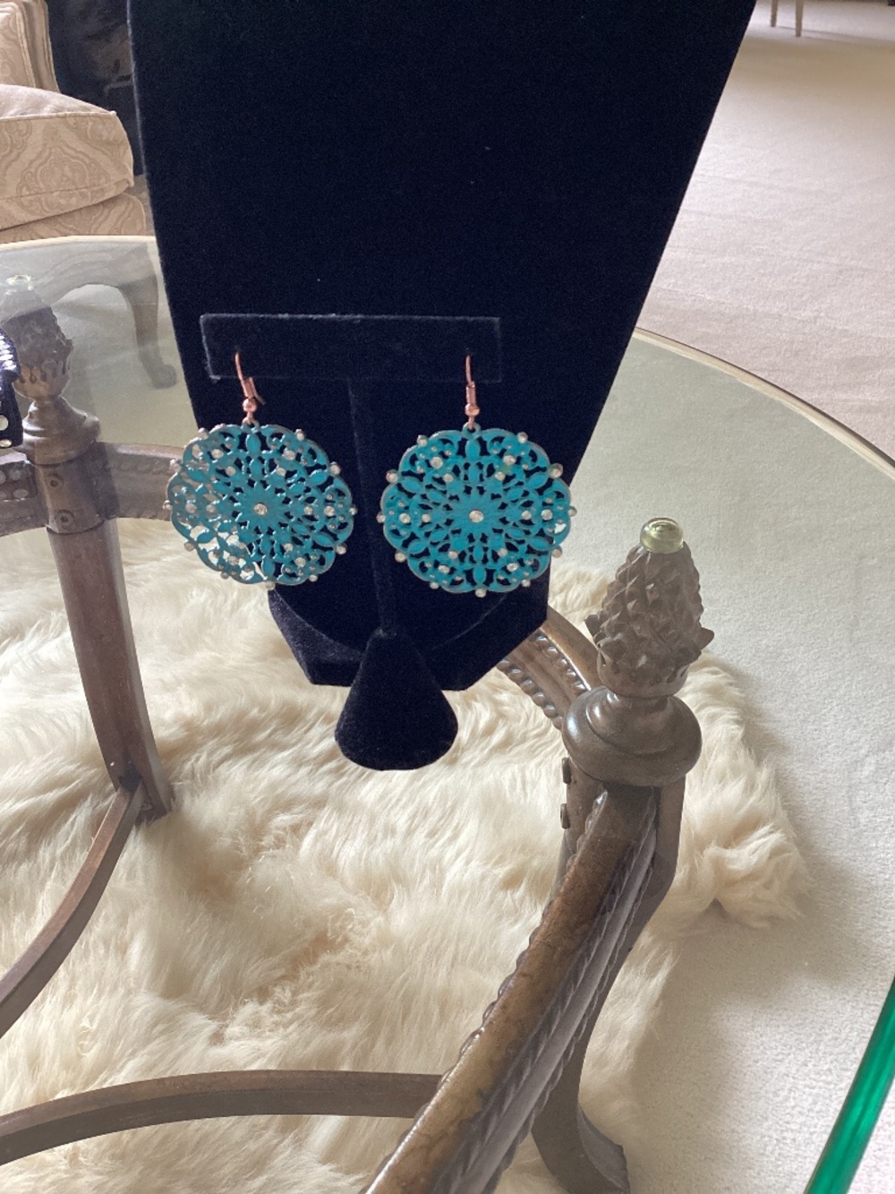 Chic Turquoise color with crystal earrings. Pierced.